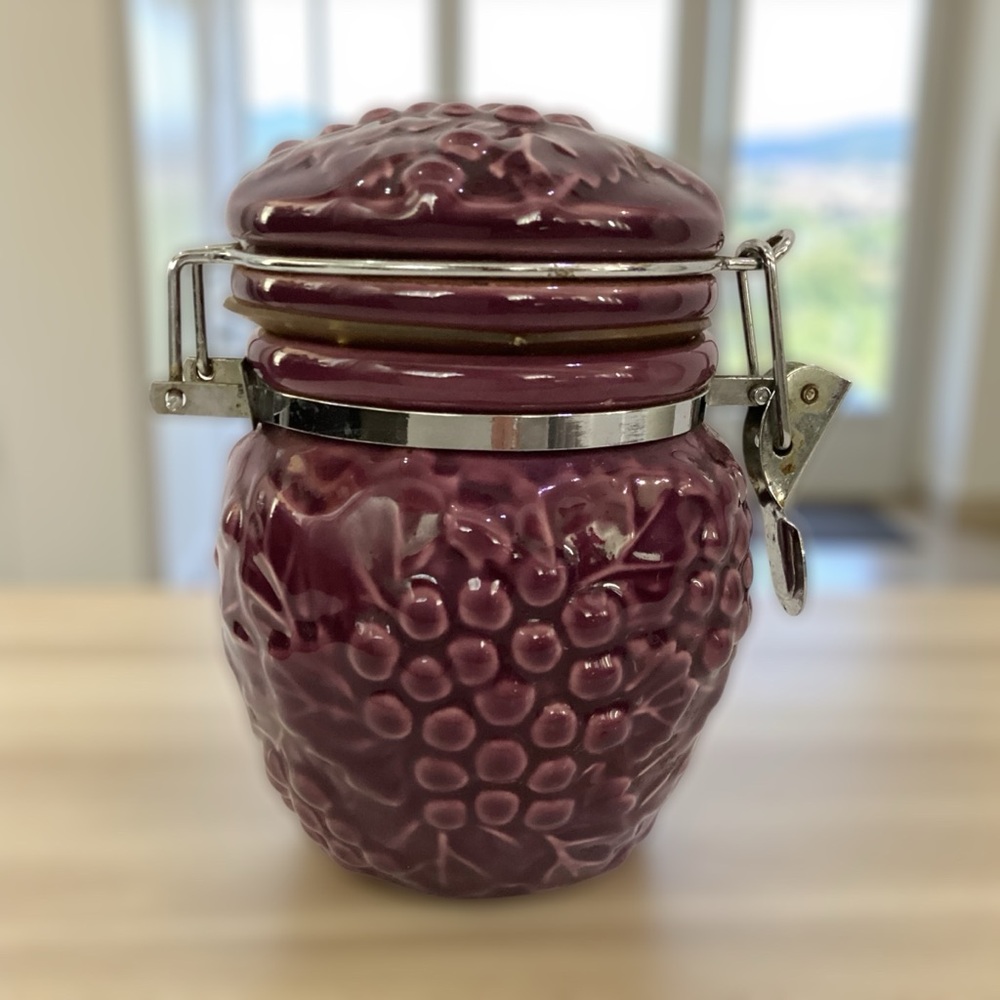 Vintage Purple Grape Embossed Ceramic Canister Jar with Clamp
